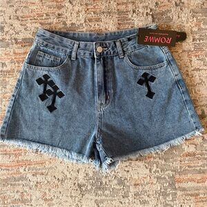 ROMWE Blue Jean Shorts with Black Cross Accents